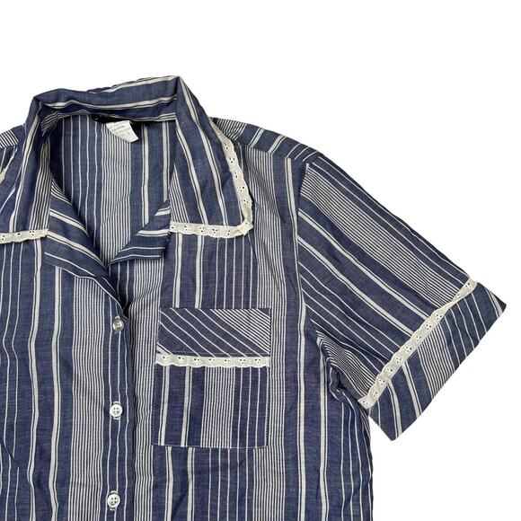 Vintage 70s 80s Striped Short Sleeve Button Collared Blouse Blue White Womens 9 - Picture 3 of 6